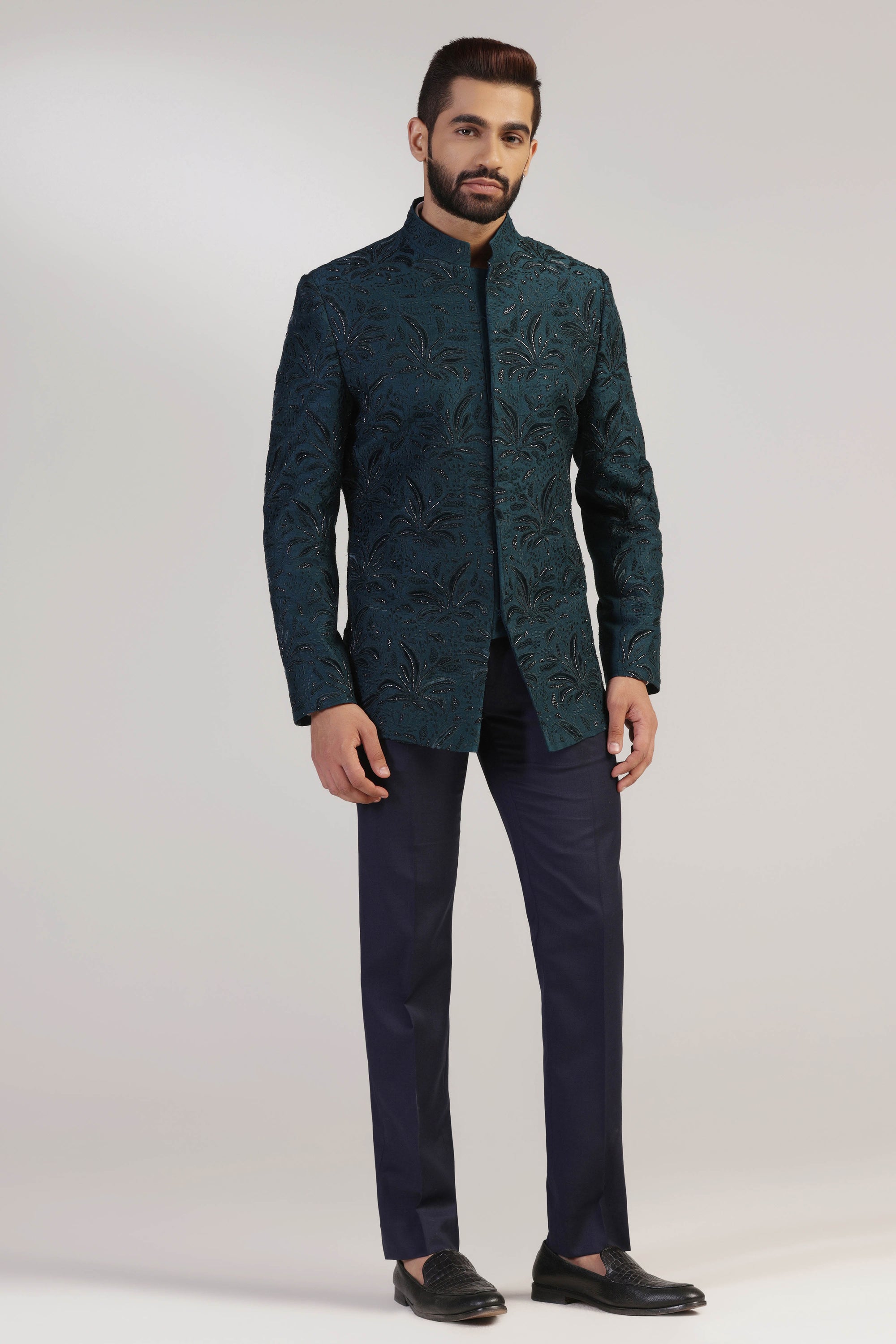 Elevate your formal attire with our Green Embroidered Bandhgala suit. Shop Now!