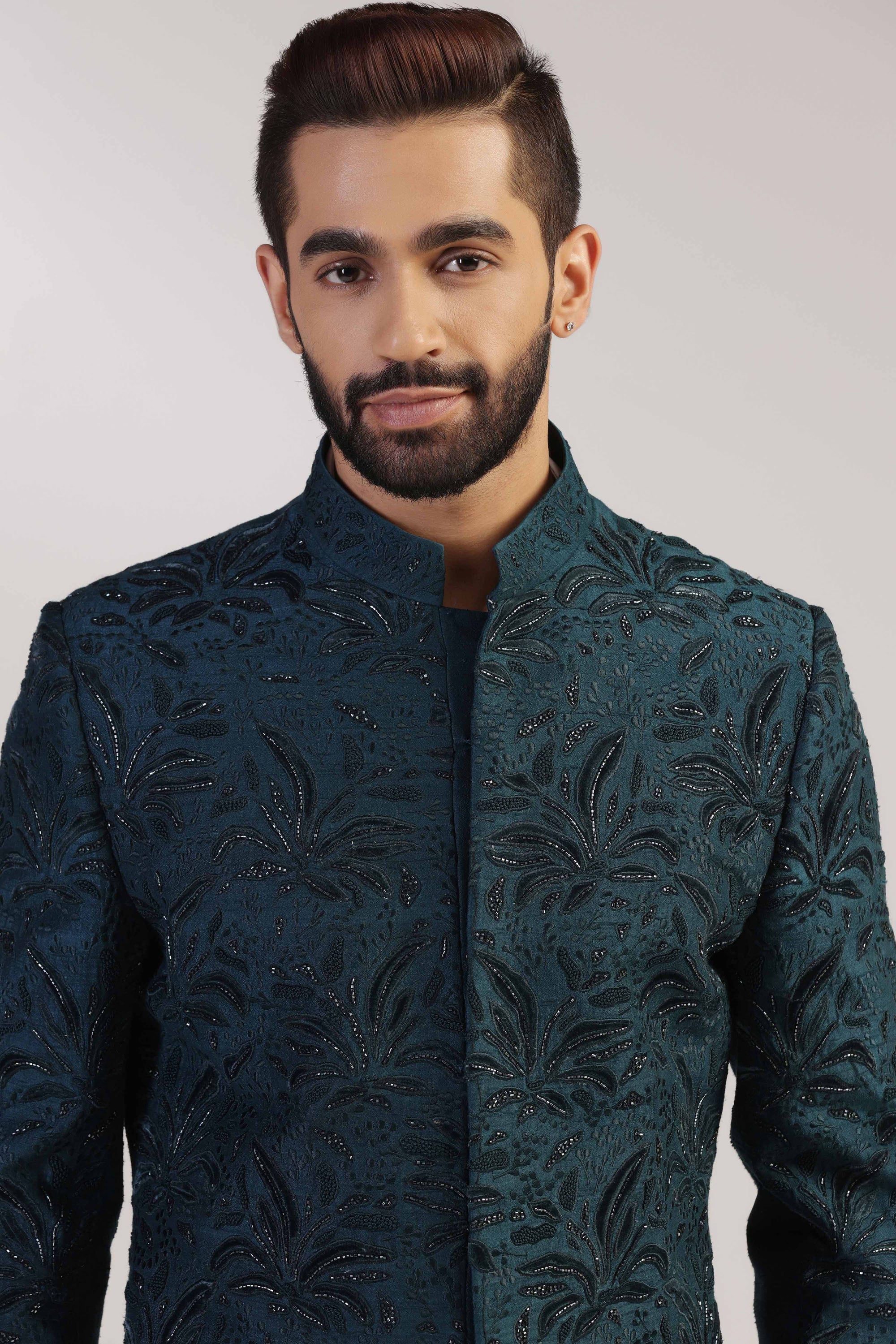 Elevate your formal attire with our Green Embroidered Bandhgala suit. Shop Now!