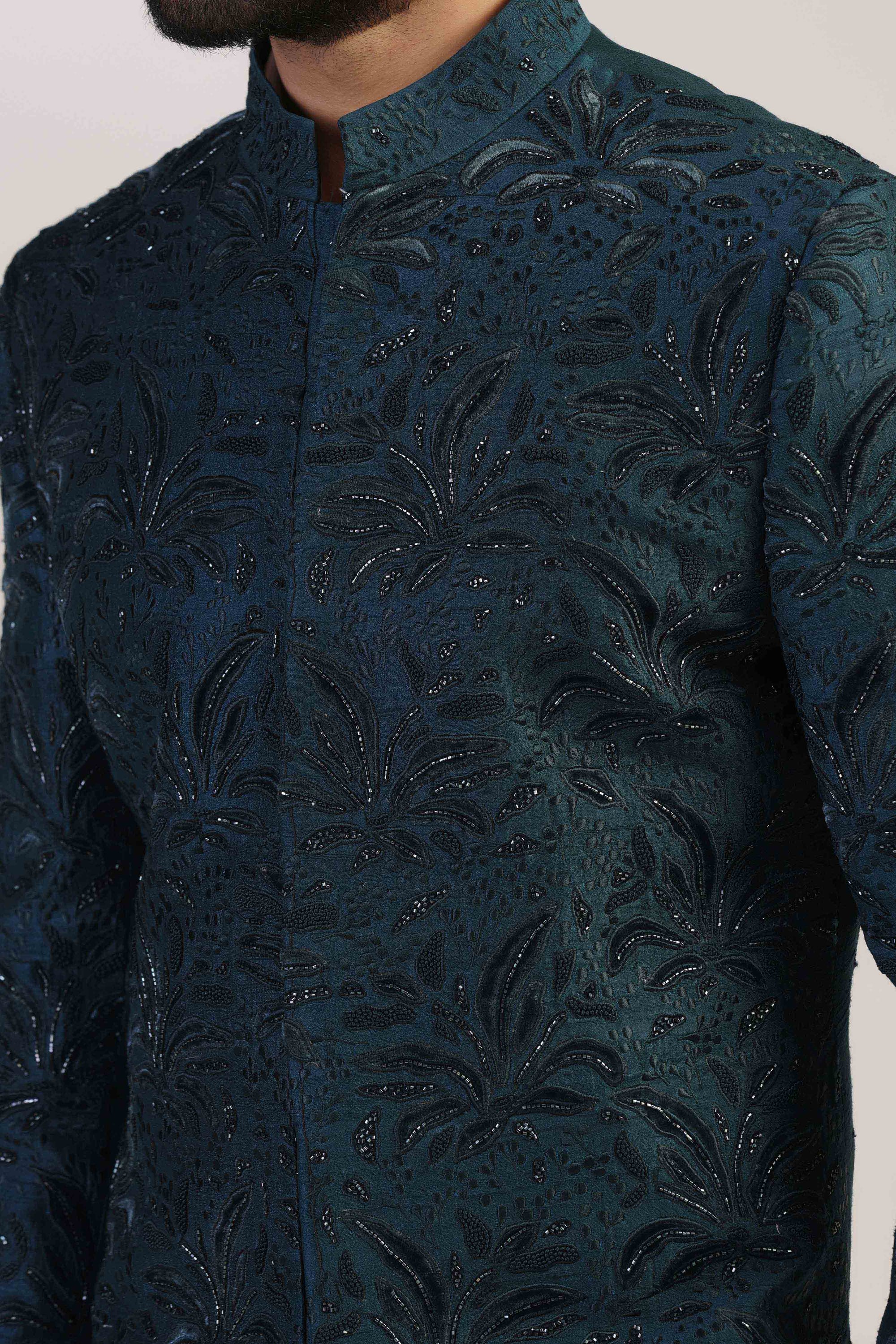 Elevate your formal attire with our Green Embroidered Bandhgala suit. Shop Now!