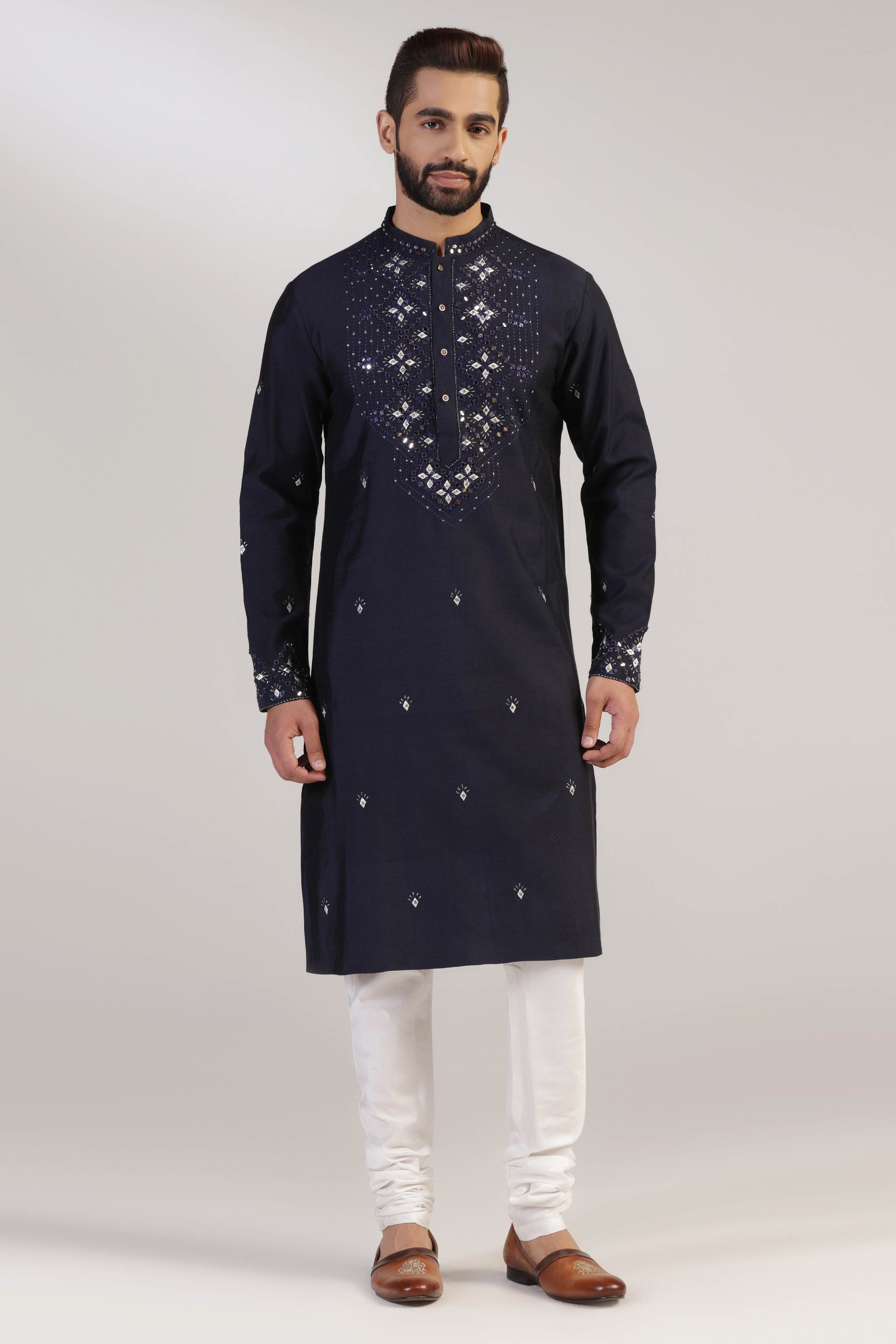 Experience the luxurious feel of our Navy Mirror Kurta Pajama. Shop Now!