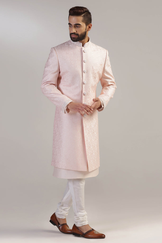 Crafted using luxurious silk fabric, this Pink Indowestern exudes elegance. Shop Now!