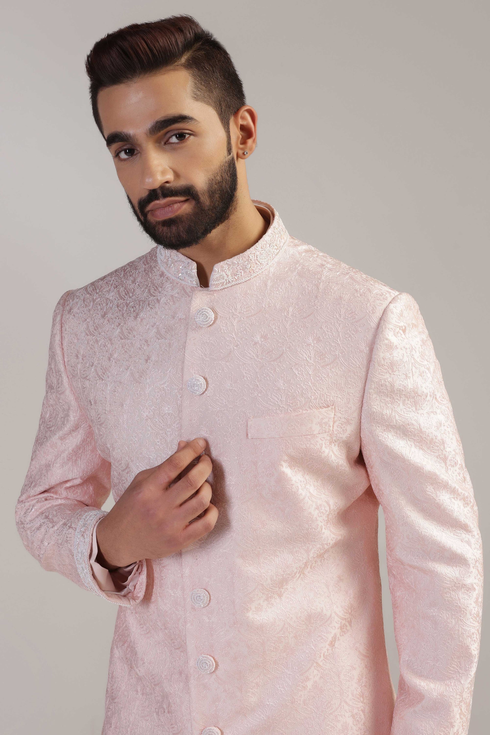 Crafted using luxurious silk fabric, this Pink Indowestern exudes elegance. Shop Now!