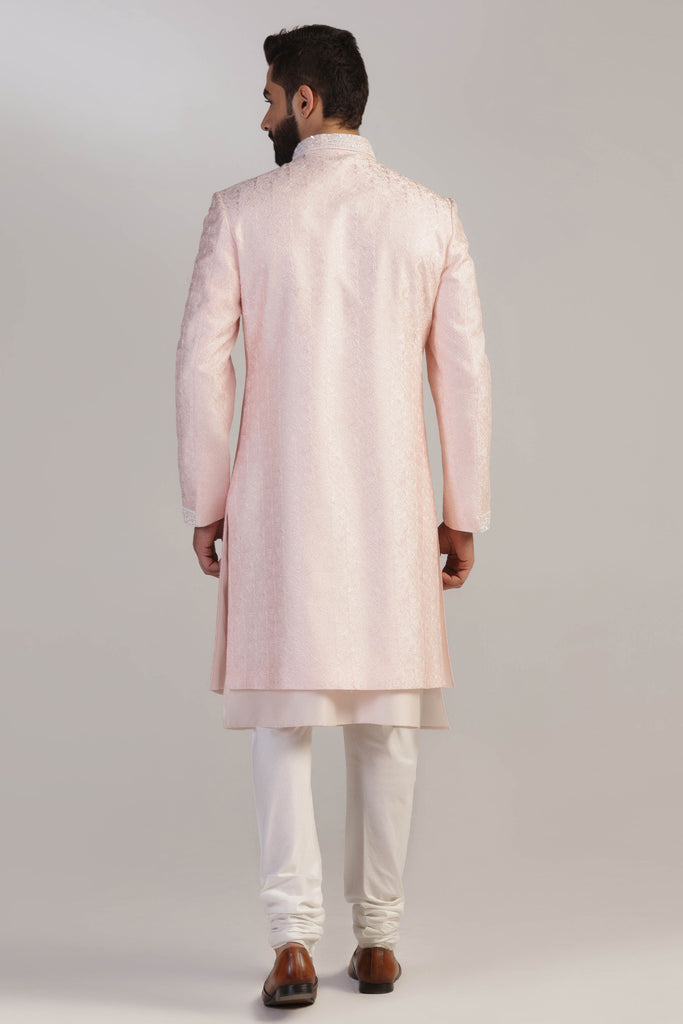 Crafted using luxurious silk fabric, this Pink Indowestern exudes elegance. Shop Now!