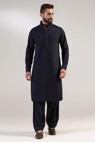 This navy Pathani suit, made in micro fabric, is a timeless addition to your wardrobe. Shop Now!