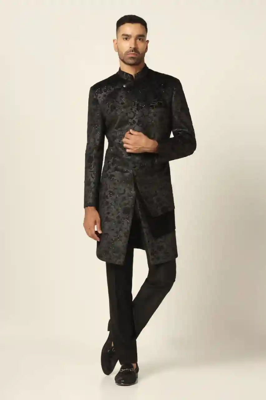Elevate your look with our floral hand and black embroidered Indowestern set. Buy Now!