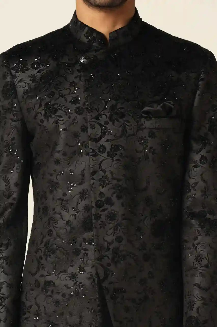 Elevate your look with our floral hand and black embroidered Indowestern set. Buy Now!