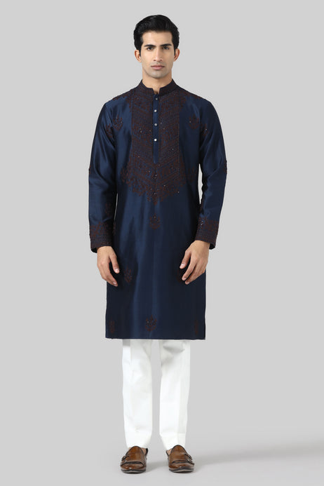 Brahaan Navy Embroidered Rakhi Kurta Set for Men