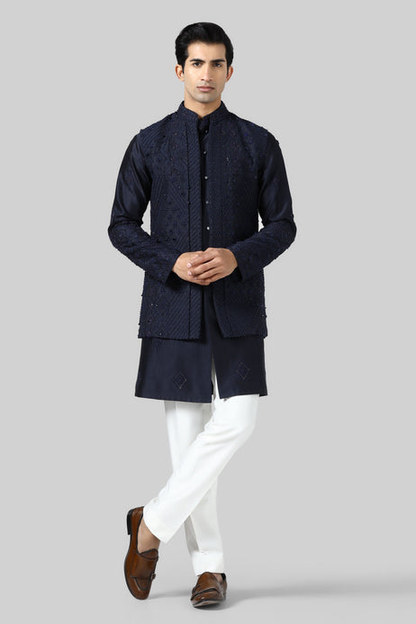 Brahaan Navy Embroidered Nehru Jacket Set for Men