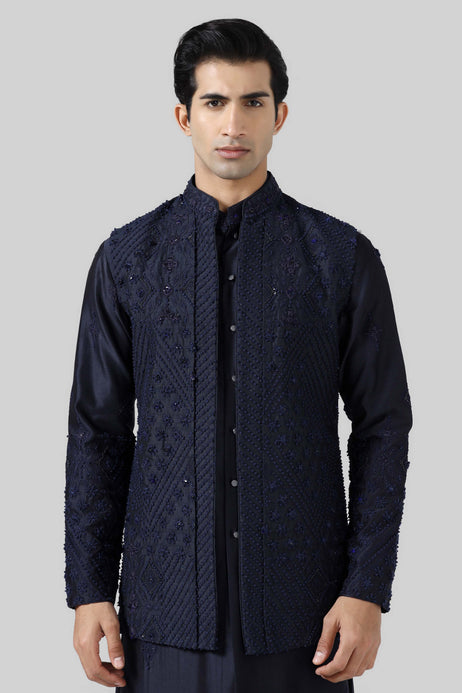 Brahaan Navy Embroidered Jacket Set for Men