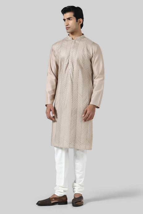 Brahaan Beige Chevron Kurta Set for Festive Celebrations