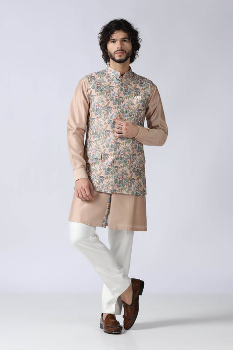 Brahaan Beige Nehru Jacket Set for Men