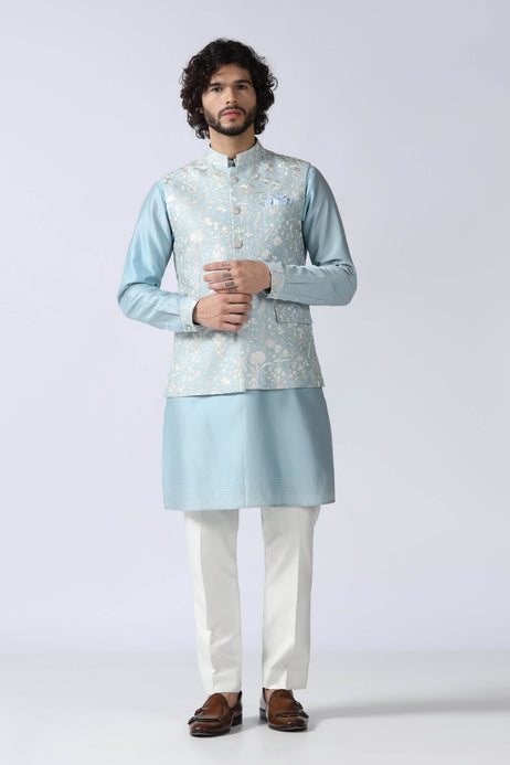 Brahaan Sky Blue Nehru Jacket Set for Men