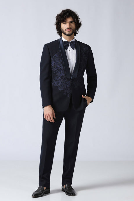 Brahaan Navy Embroidered Tuxedo for Men