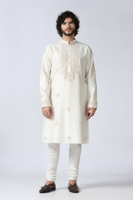 Brahaan Off-White Embroidered Kurta Set for Men