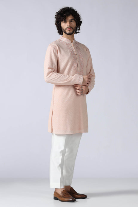 Brahaan Peach Chikankari Kurta Set for Men