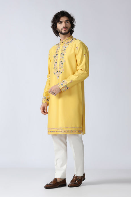 Brahaan Yellow Embroidered Kurta Set for Men
