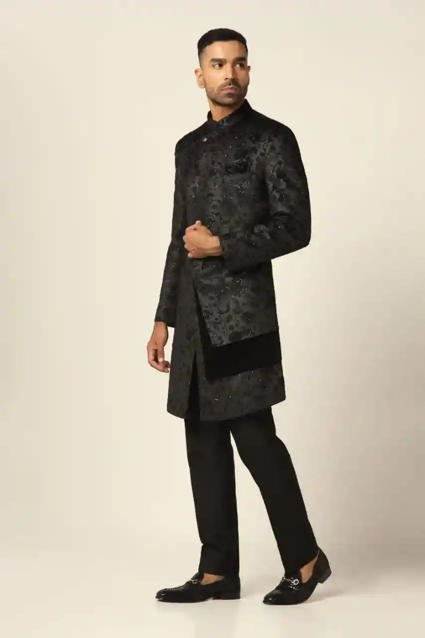 Elevate your look with our floral hand and black embroidered Indowestern set. Buy Now!