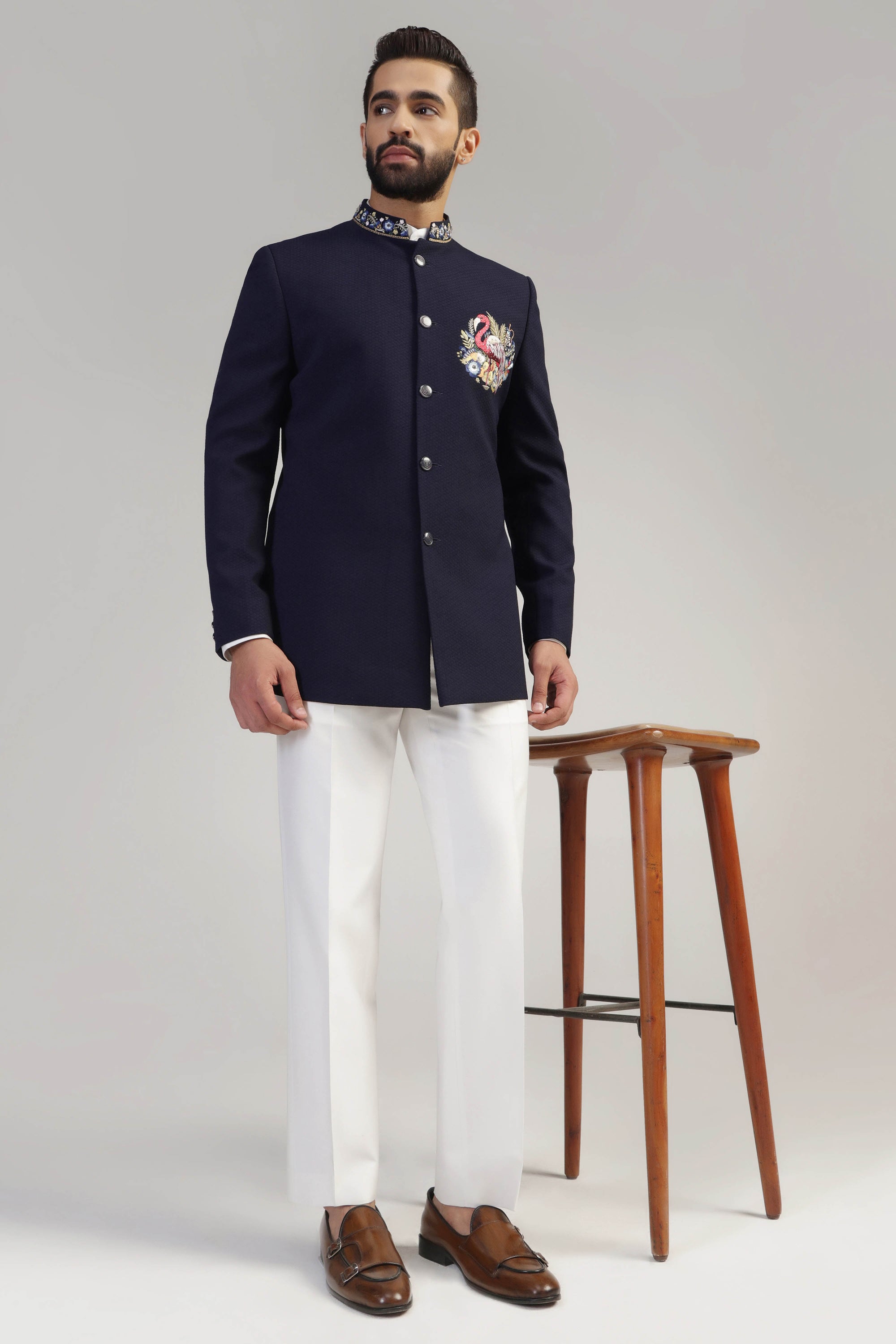 Midnight Flamingo Embroidered Bandhgala Set