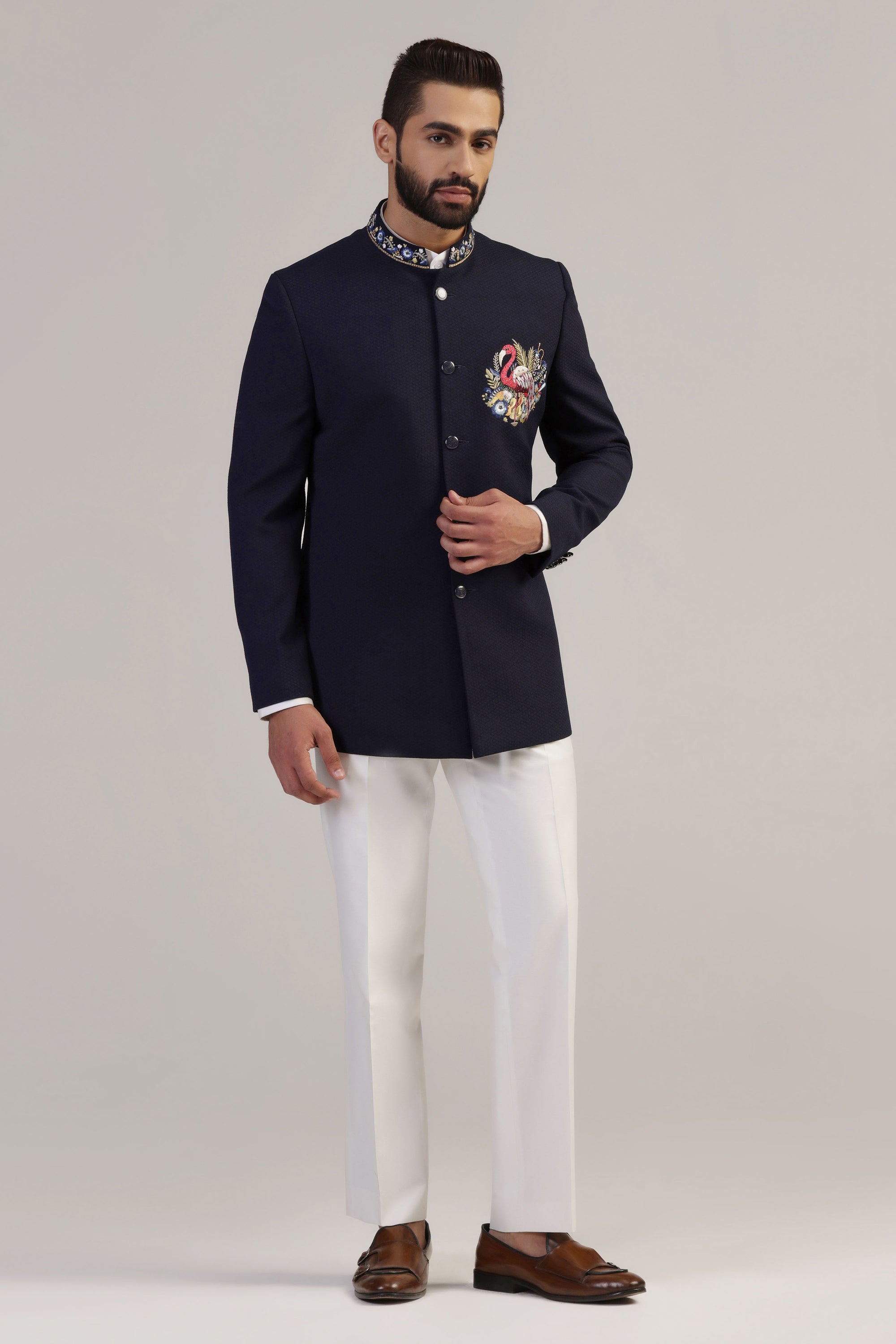 Midnight Flamingo Embroidered Bandhgala Set