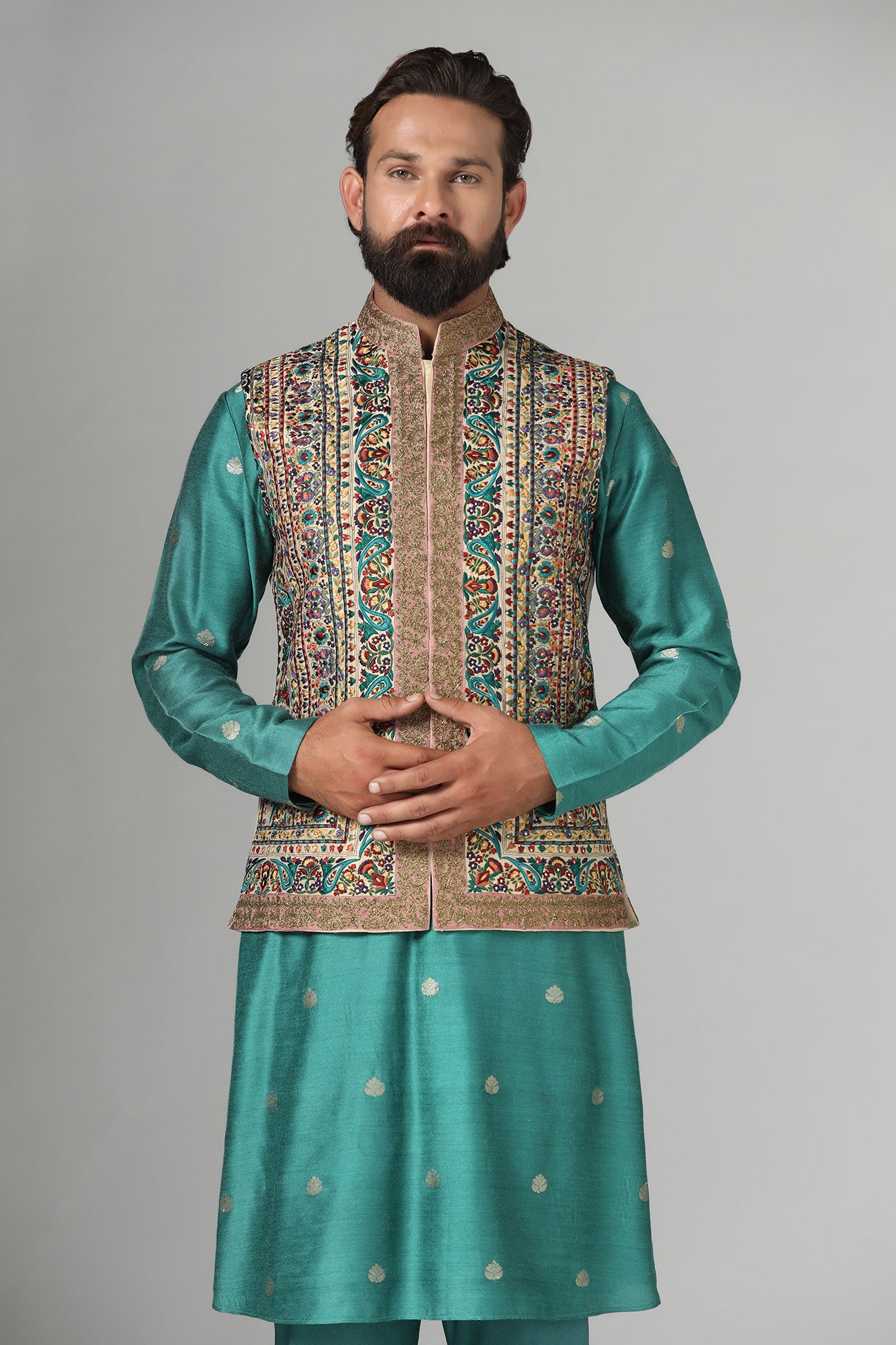 Make a statement with our Nehru jacket, adorned with vibrant multi-color embroidery. Shop Now!