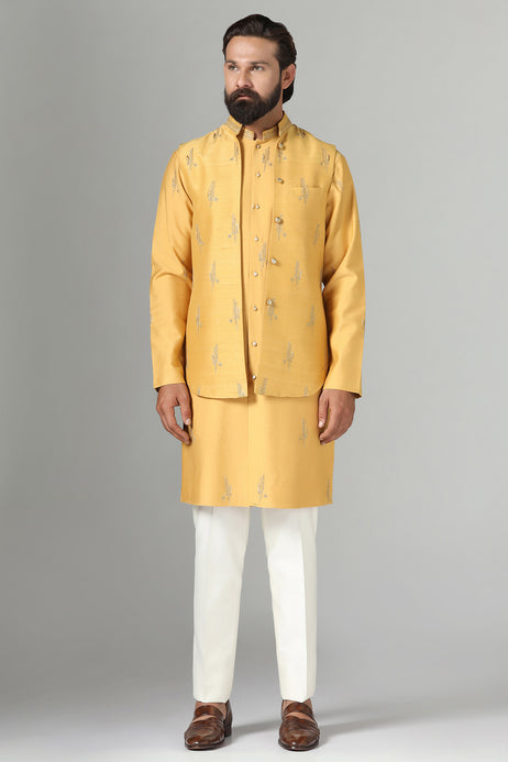 Brahaan Mustard Embroidered Nehru Jacket for Men