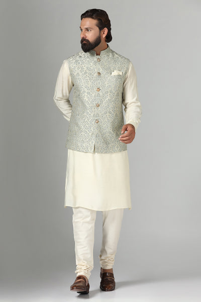 Beige Embroidered Nehru Jacket with Embellished Design and Kurta Set 