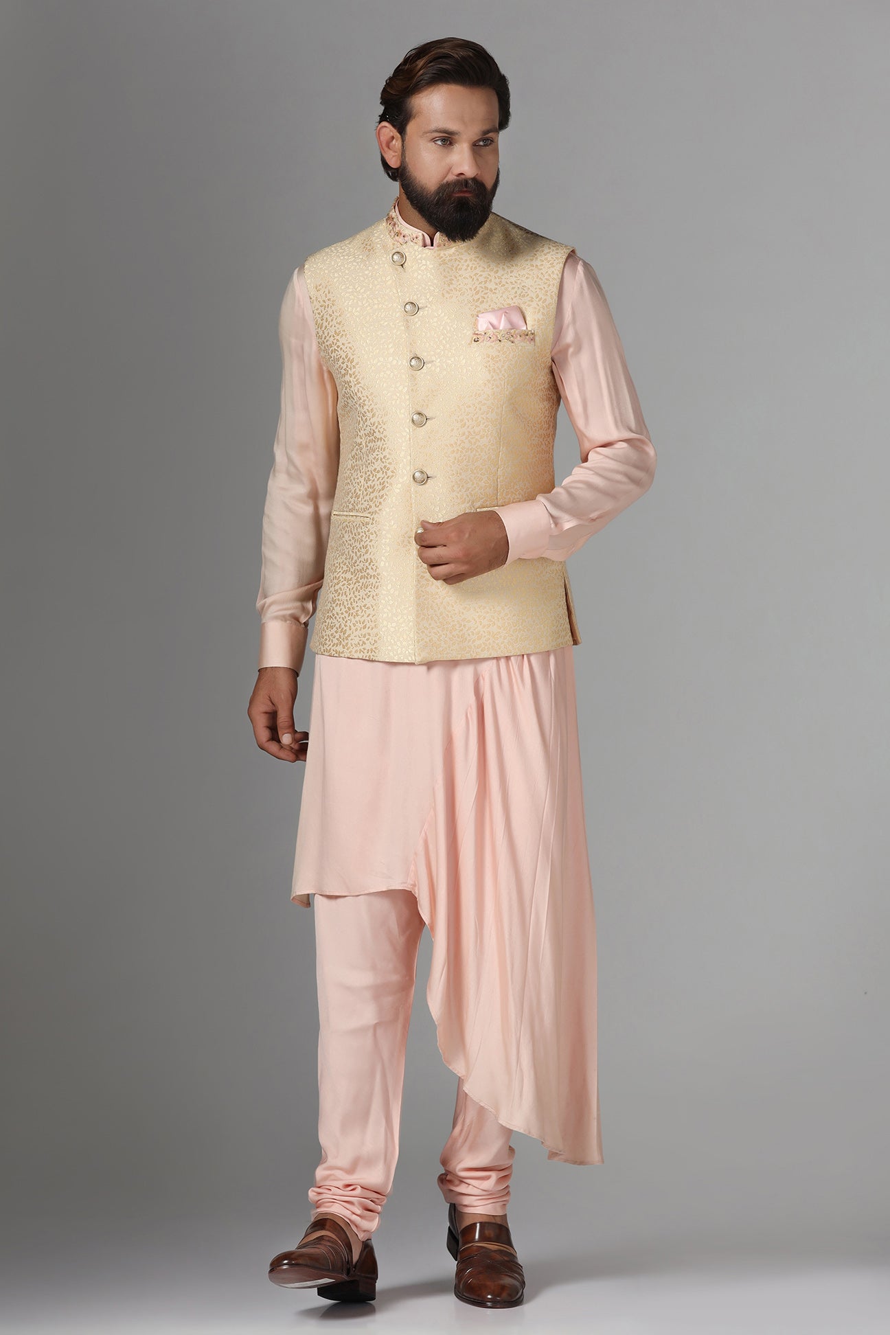 Elevate your ensemble with this exquisite golden jacquard Nehru jacket. Shop Now!