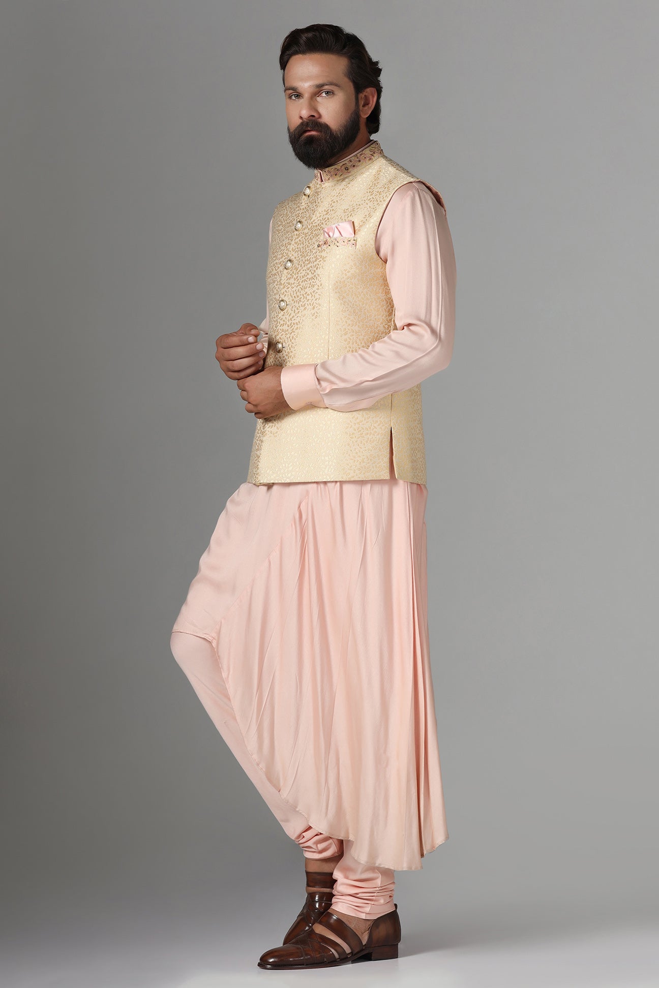 Elevate your ensemble with this exquisite golden jacquard Nehru jacket. Shop Now!