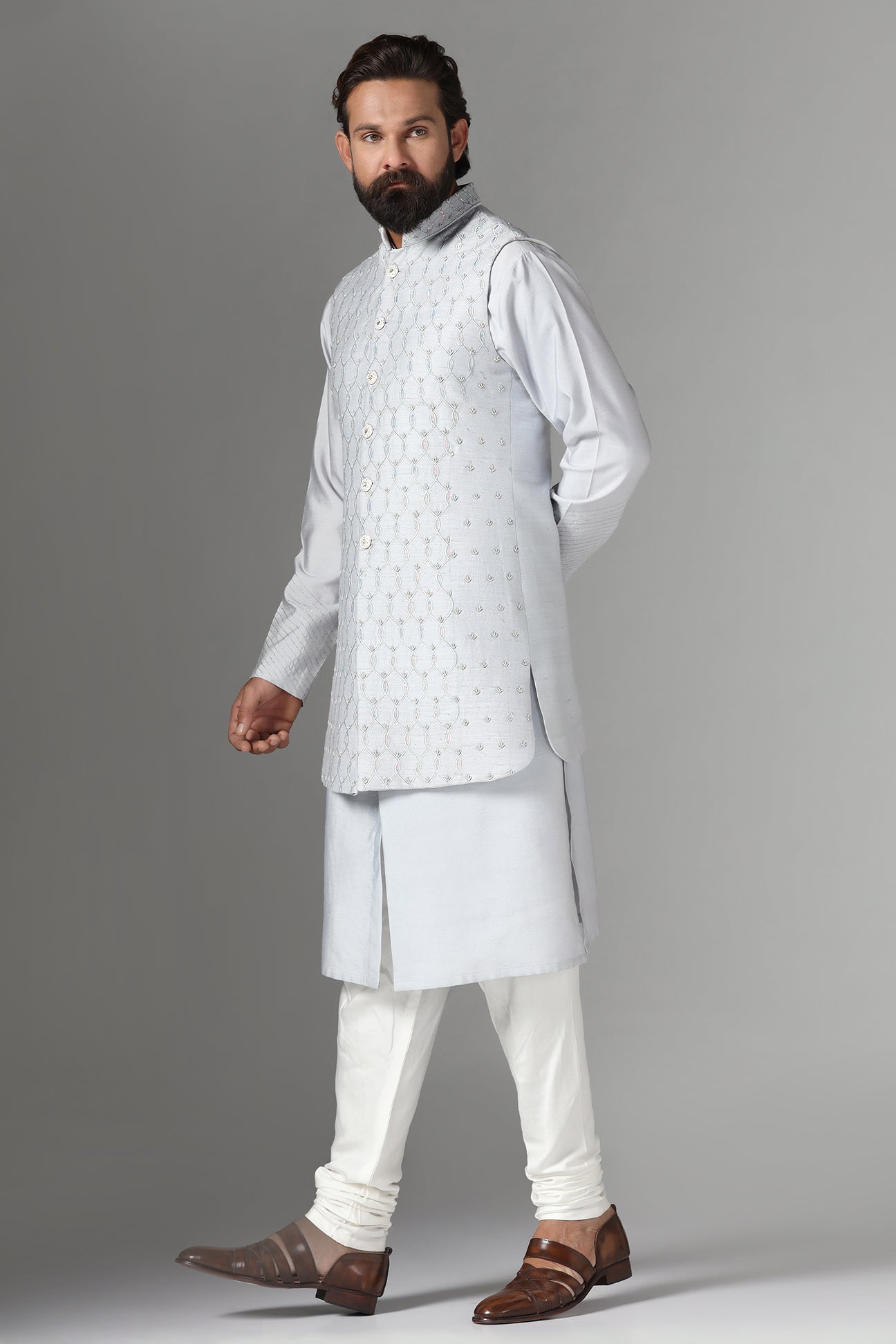 Elevate your style with our long grey raw silk Nehru Jacket. Shop Now!