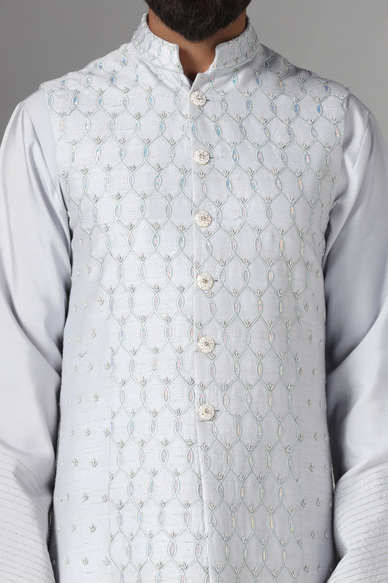 Elevate your style with our long grey raw silk Nehru Jacket. Shop Now!