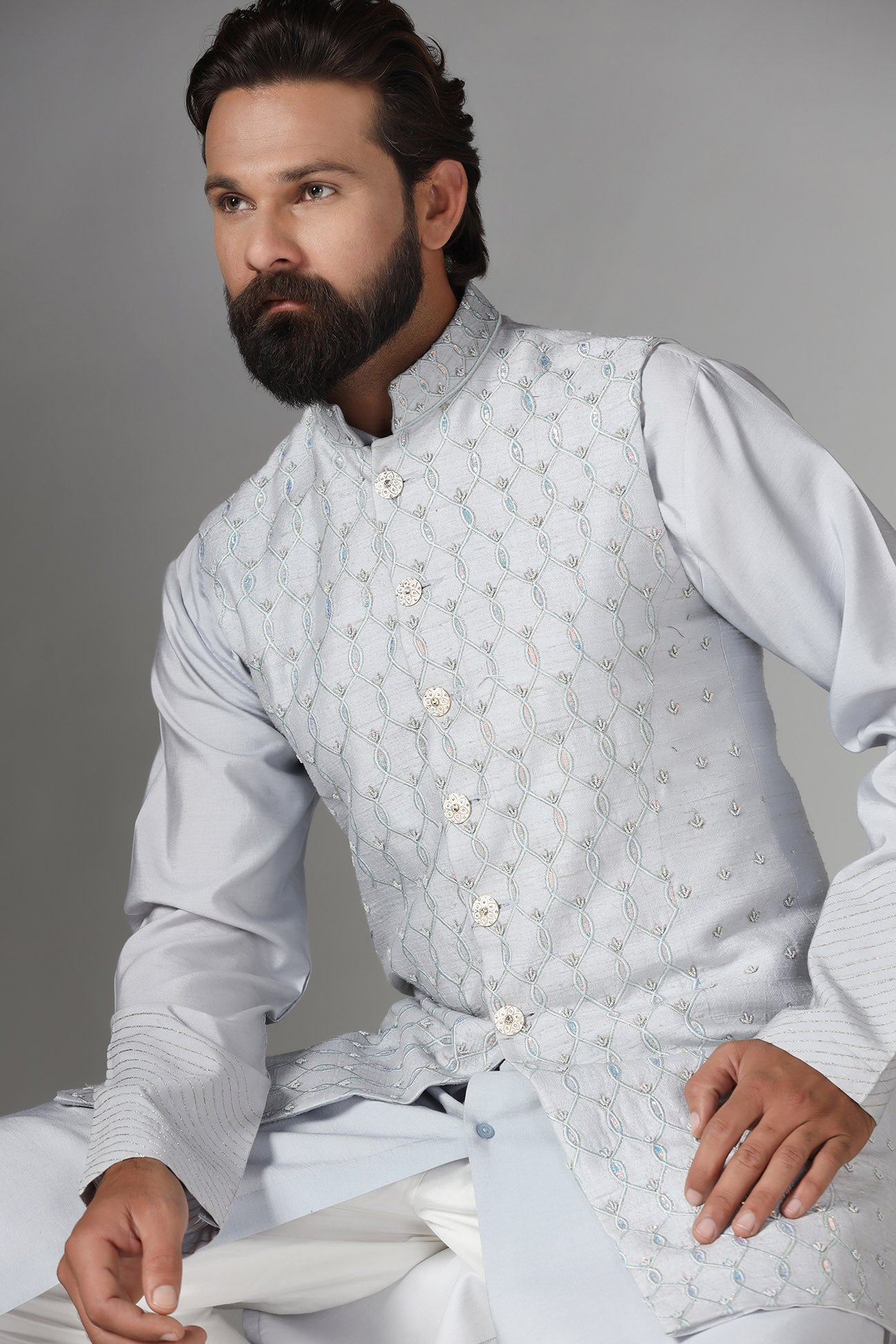 Elevate your style with our long grey raw silk Nehru Jacket. Shop Now!