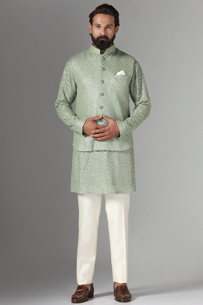 Pista Green Color Shaded Stylish Nehru Jacket Set