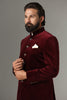 Step into sophistication with our maroon Bandhgala suit in rich velvet fabric. Shop Now!