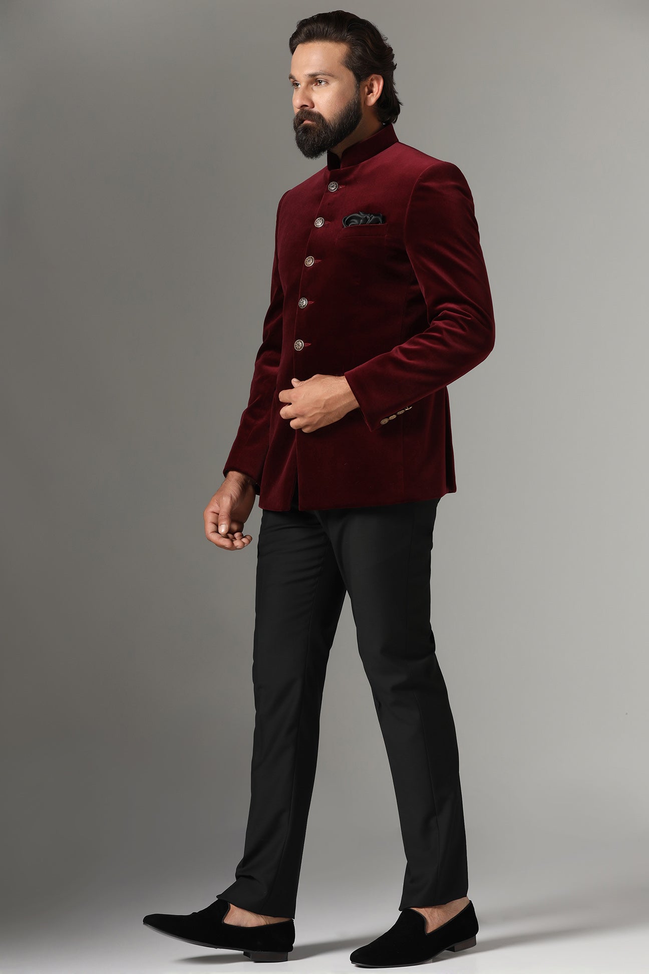 Dress in regal elegance with our Velvet Maroon Bandhgala Suit featuring a contrast closure. Buy Now!