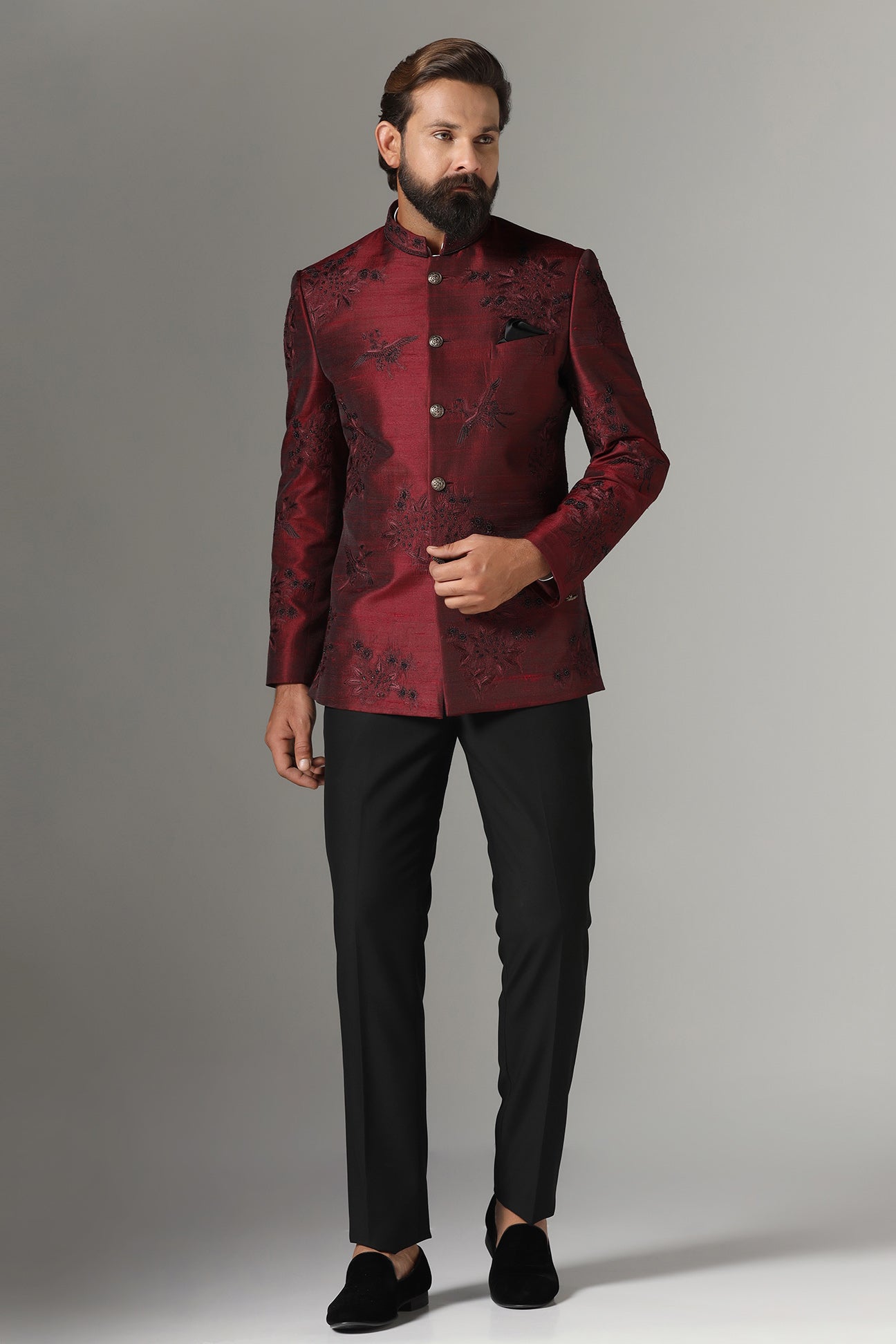 Experience luxury with the Maroon Raw Silk Bandhgala Suit. Crafted for style Shop now!