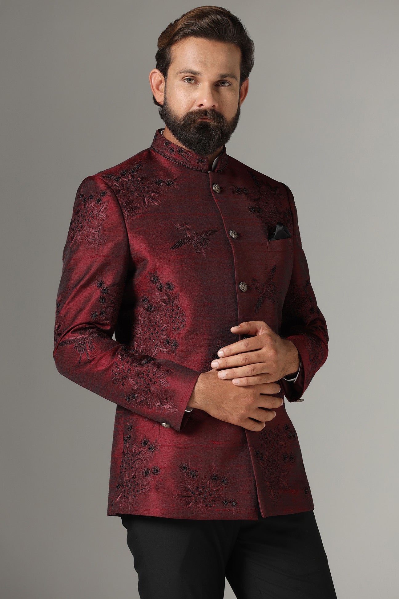 Experience luxury with the Maroon Raw Silk Bandhgala Suit. Crafted for style Shop now!
