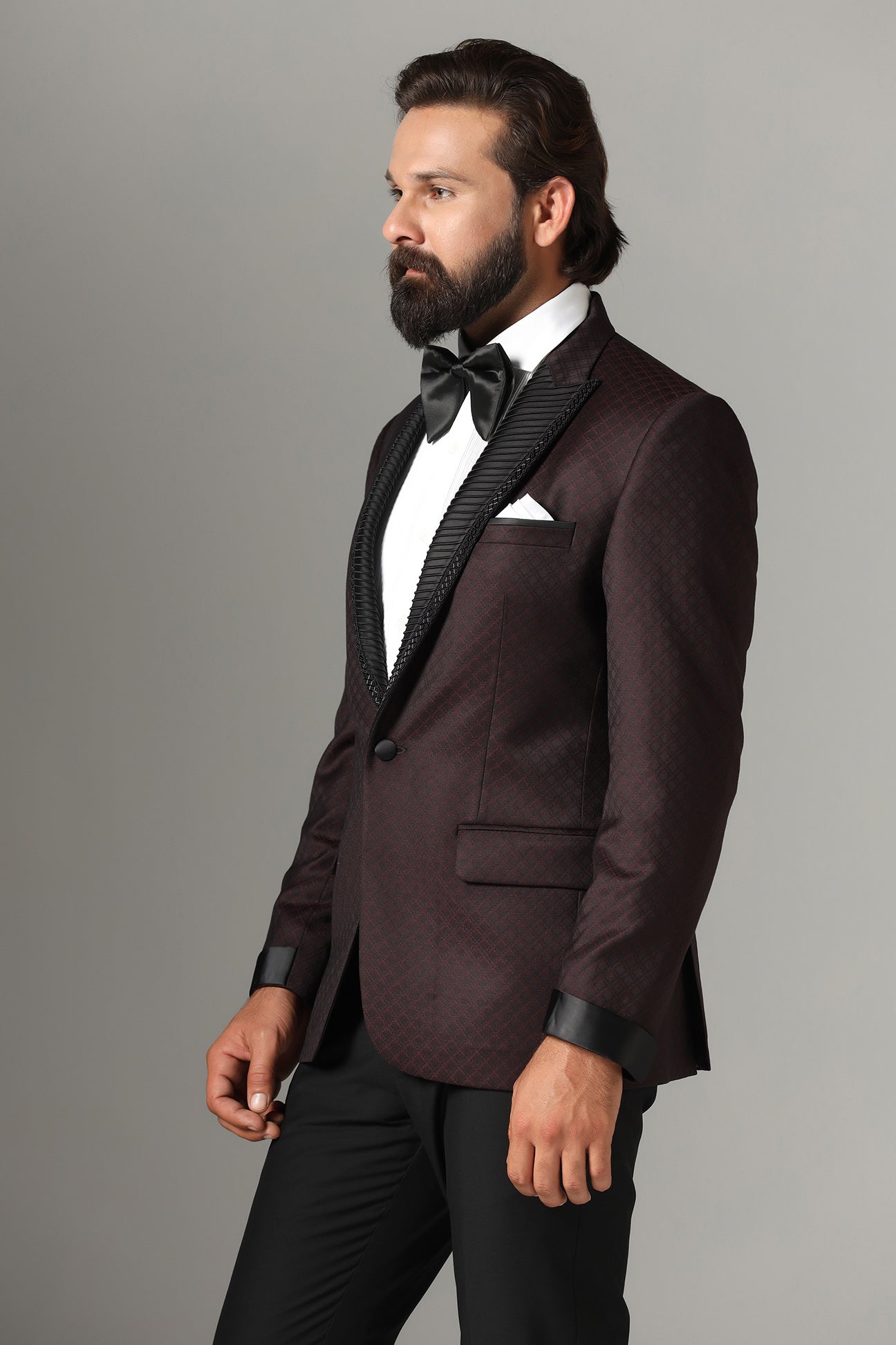 Elevate your style with our Wine-Textured Tuxedo. Shop Now!