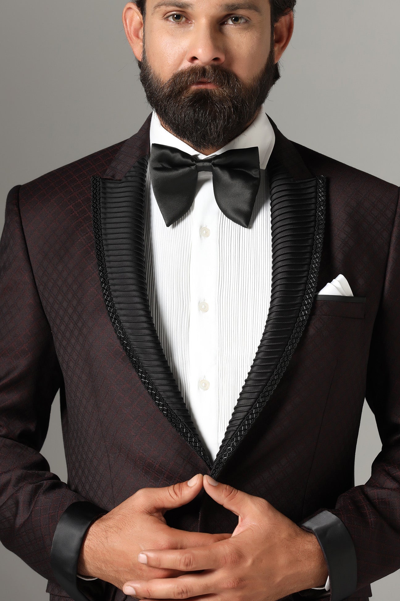 Elevate your style with our Wine-Textured Tuxedo. Shop Now!