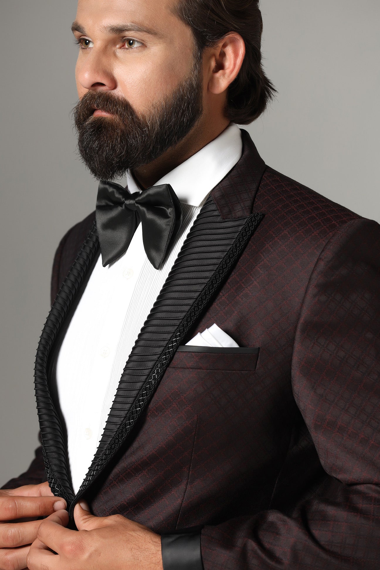 Elevate your style with our Wine-Textured Tuxedo. Shop Now!