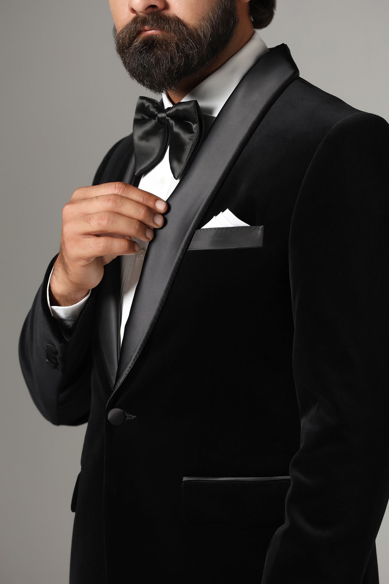 Distinguished elegance in our Black Velvet Tuxedo. Shop Now!
