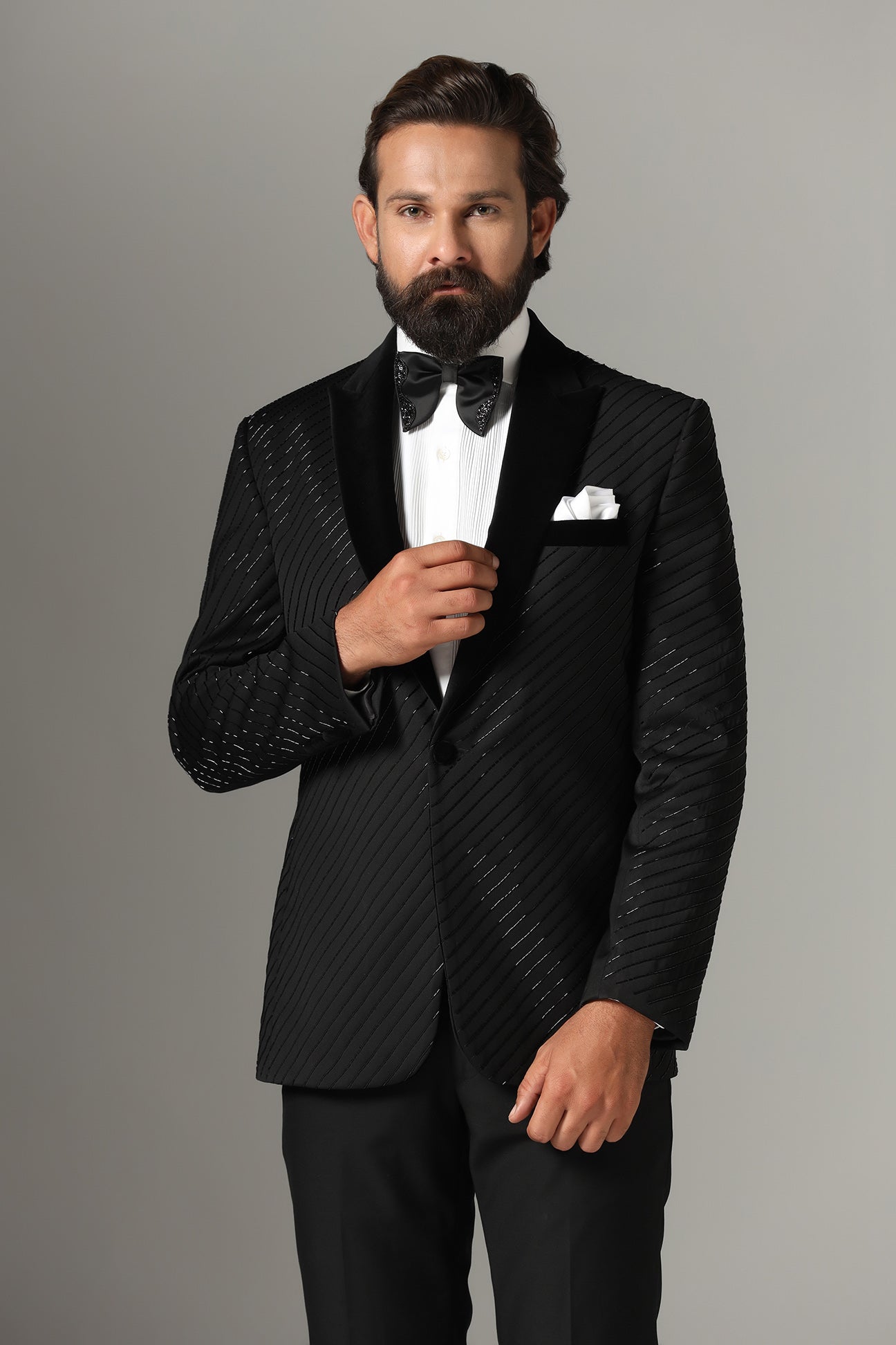 Exude sophistication in our Black Wool-Rich Embroidered Tuxedo. Shop Now!
