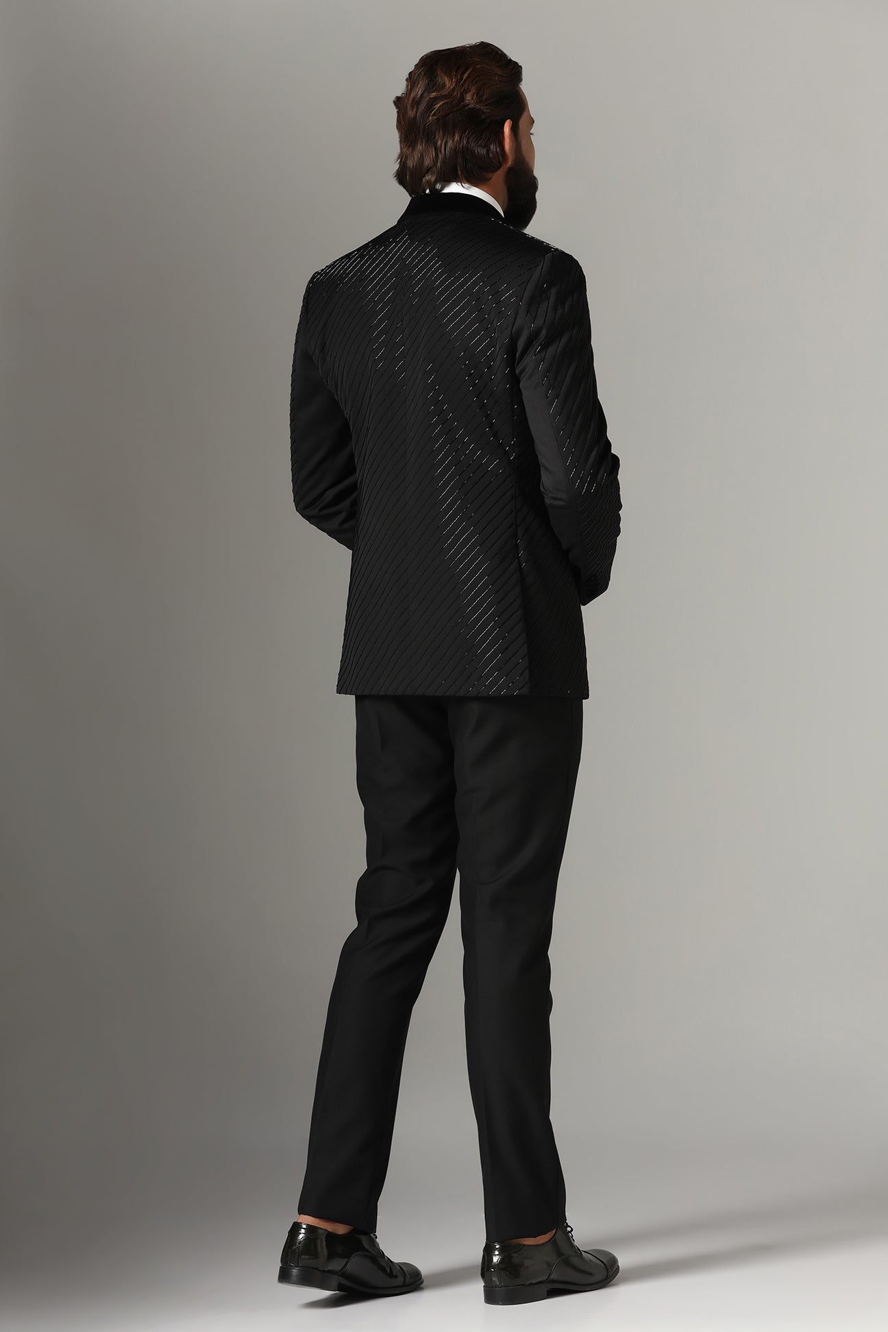 Exude sophistication in our Black Wool-Rich Embroidered Tuxedo. Shop Now!
