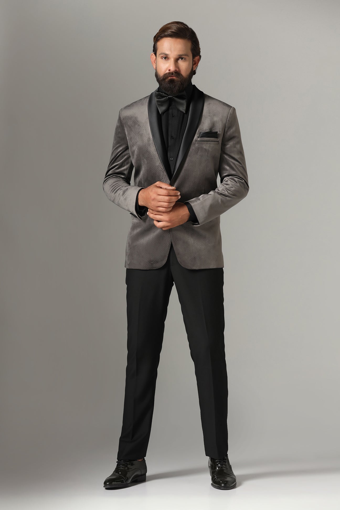 Distinguished elegance in our Grey Velvet Tuxedo. Shop Now!