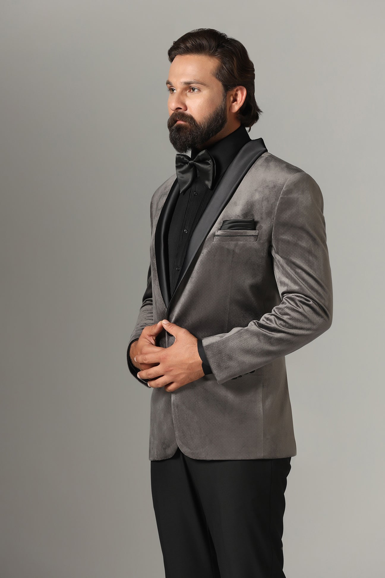Distinguished elegance in our Grey Velvet Tuxedo. Shop Now!