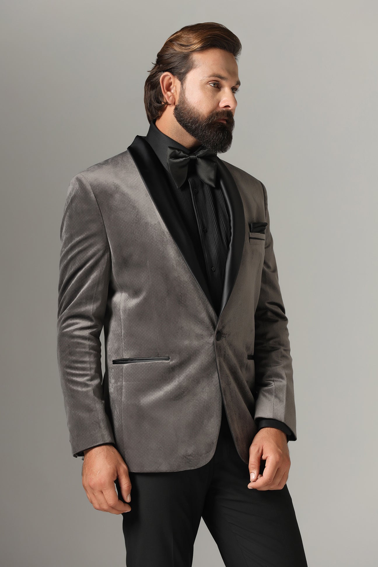 Distinguished elegance in our Grey Velvet Tuxedo. Shop Now!
