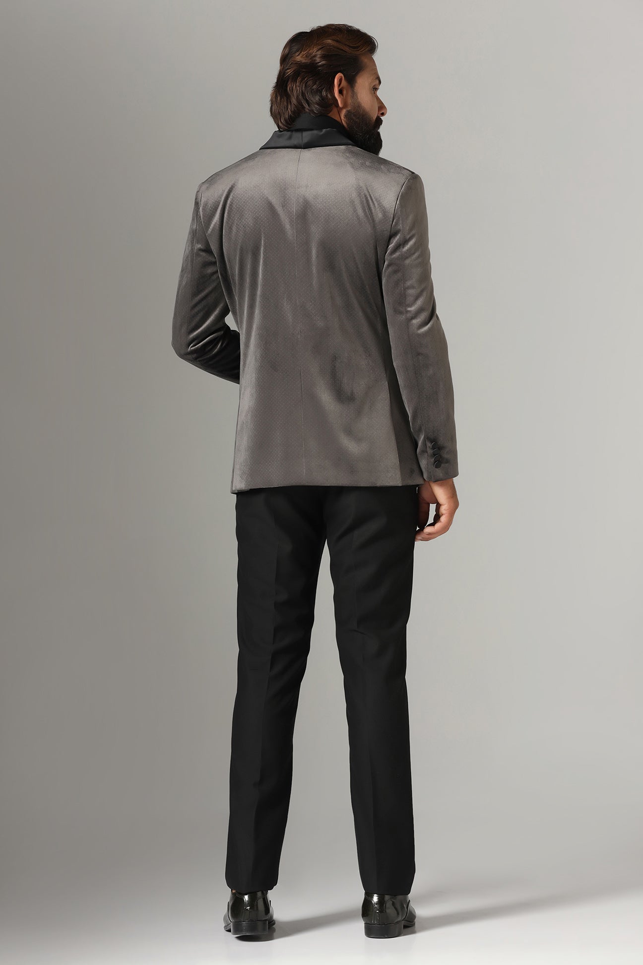 Distinguished elegance in our Grey Velvet Tuxedo. Shop Now!