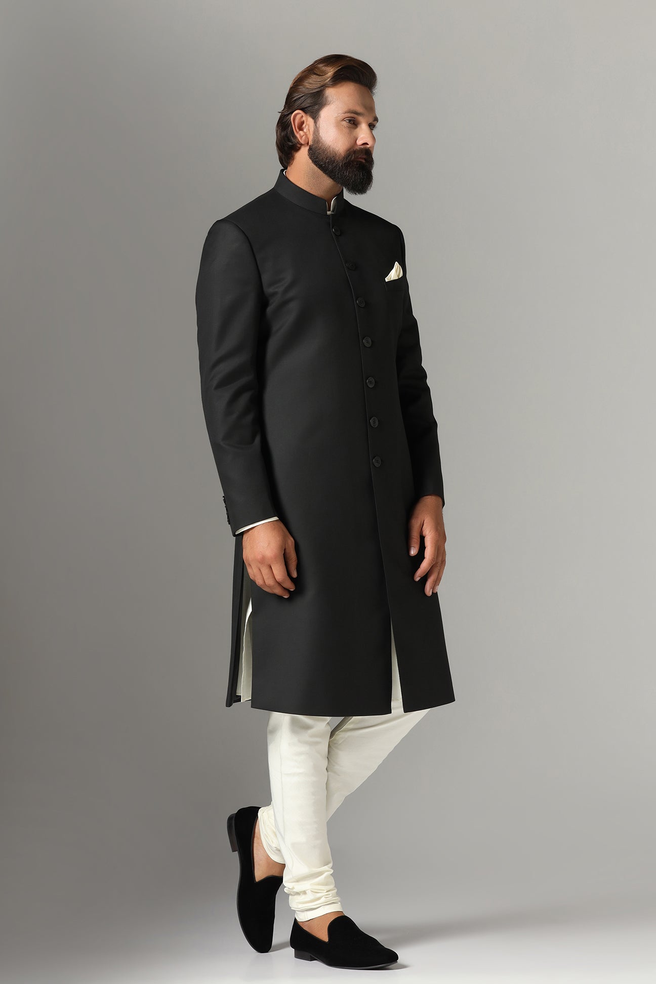 Elevate your style with our black Indowestern ensemble from luxurious wool-rich fabric. Shop Now!