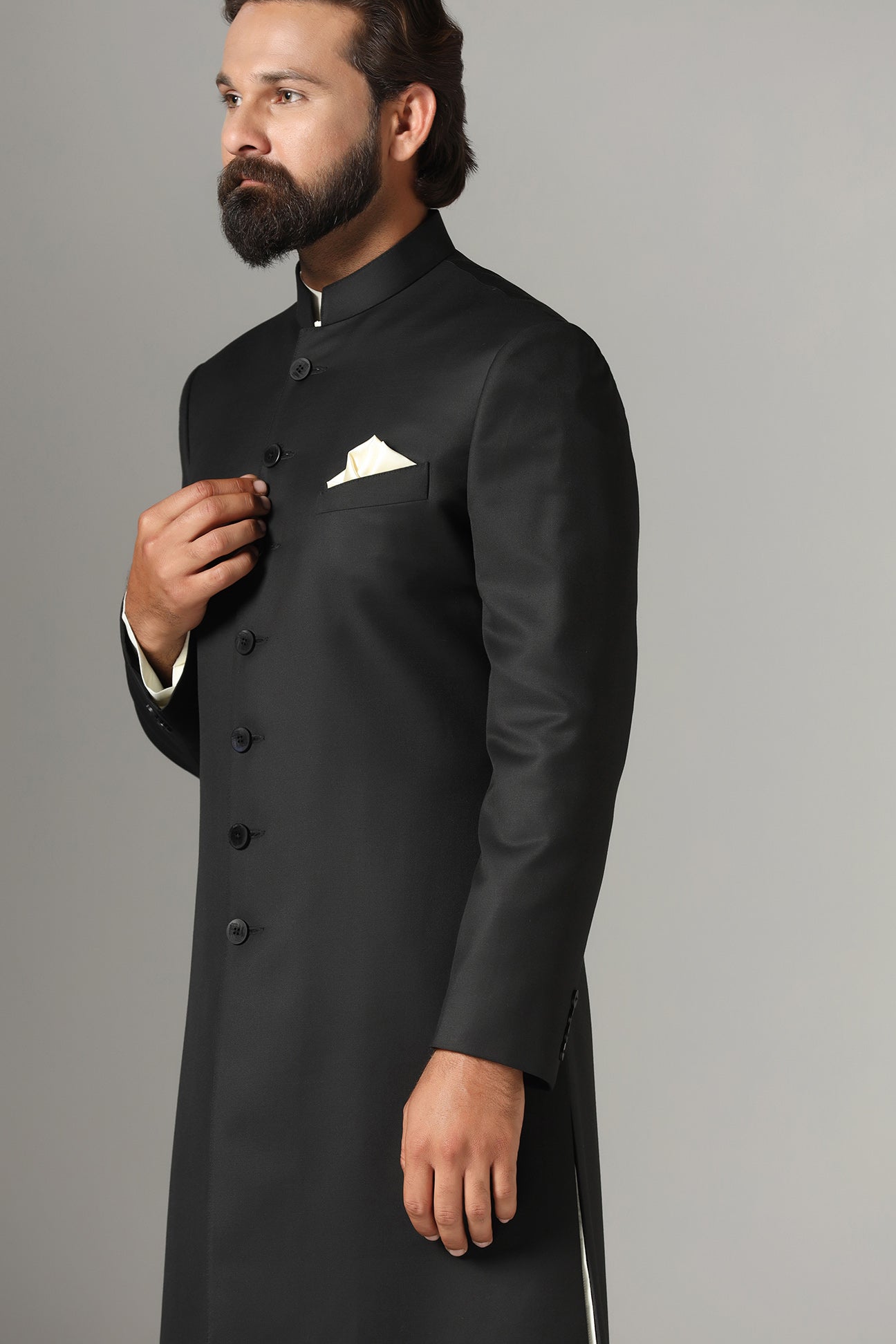 Elevate your style with our black Indowestern ensemble from luxurious wool-rich fabric. Shop Now!