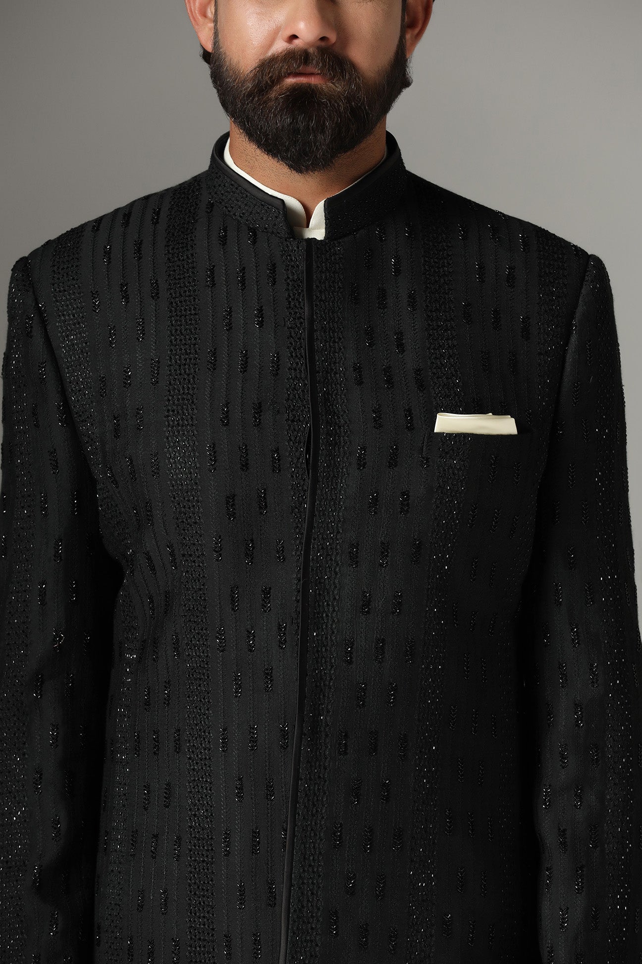 This black Indo-Western is highlighted with tonal embroidery all across the garment. Shop Now!