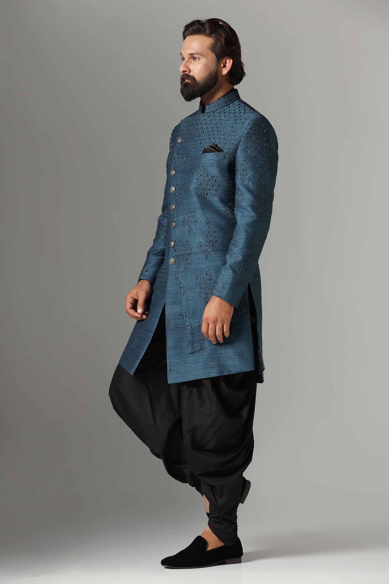 This Blue Indowestern is highlighted with tonal embroidery all across the garment. Shop Now!